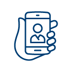 Icon of a hand holding a mobile phone representing access to our mobile app